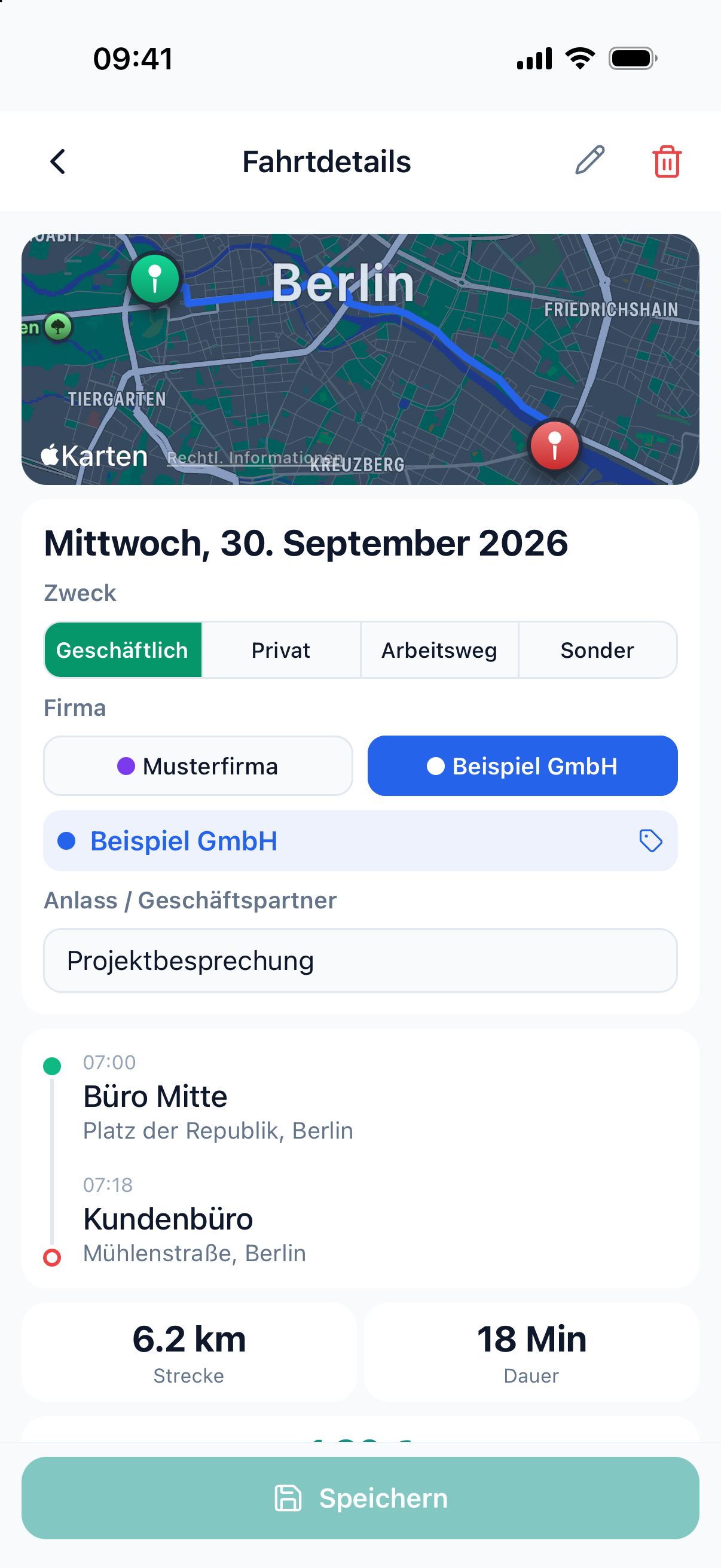 Route2Bee Fahrtdetails: Routenkarte durch Berlin, Zweck Geschäftlich, Beispiel GmbH, Projektbesprechung, 6,2 Kilometer in 18 Minuten